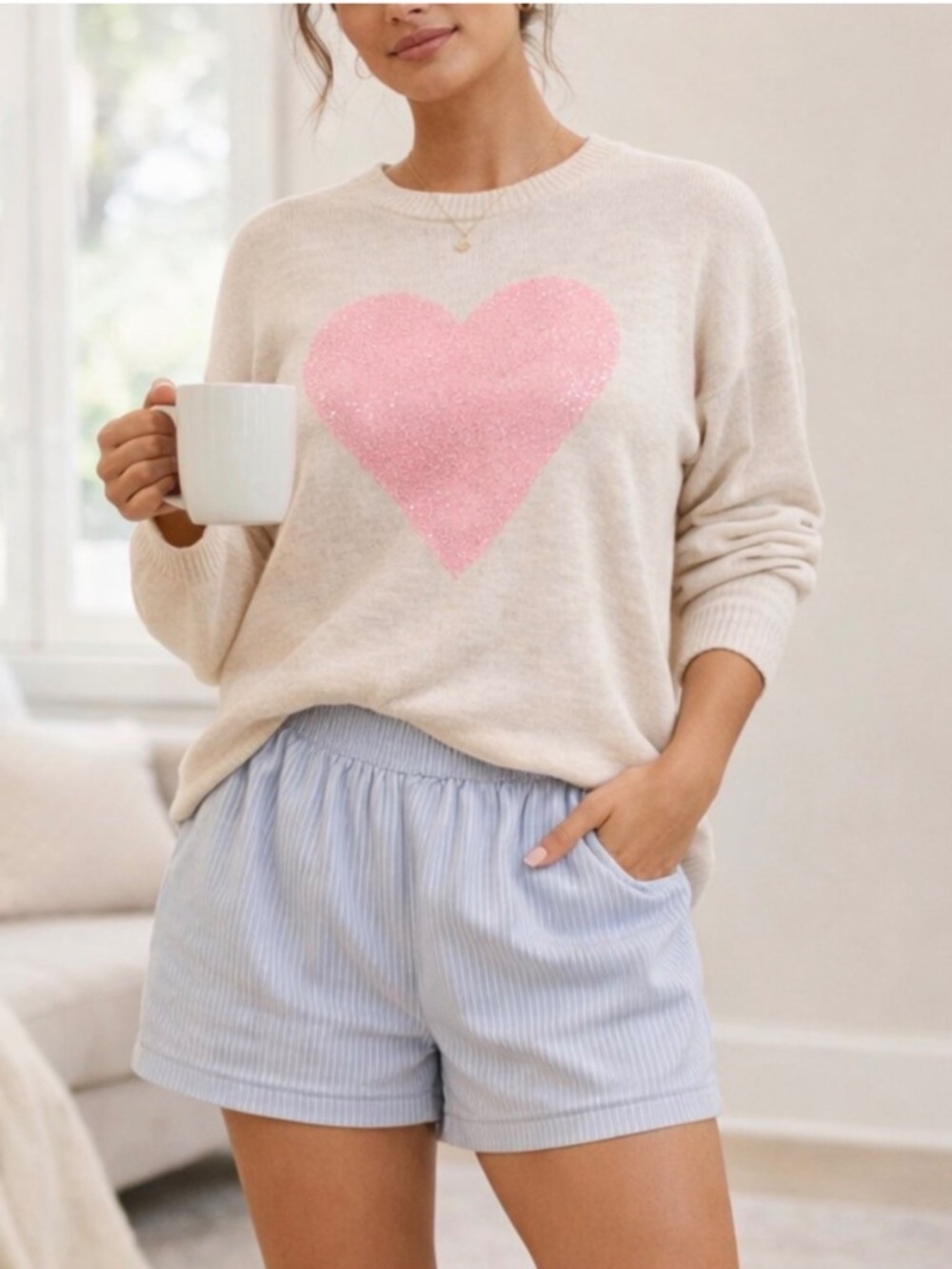CeCe Cream Cozy Crewneck Sweater with Pink Sequin Heart
